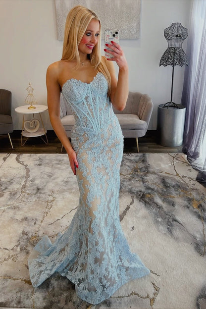 Light Blue Sweetheart Floral Embroidered Mermaid Gown