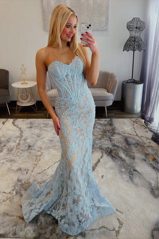 Light Blue Sweetheart Floral Embroidered Mermaid Gown