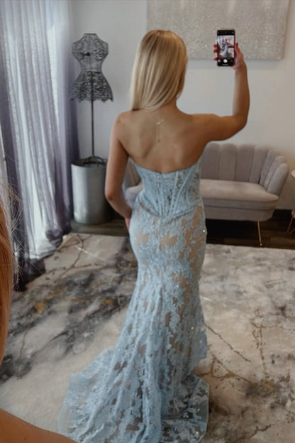 Light Blue Sweetheart Floral Embroidered Mermaid Gown