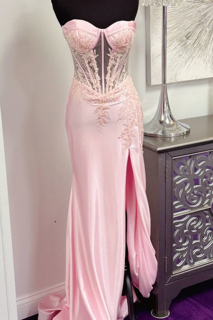Pink Satin Slit Sweetheart Mermaid Gown