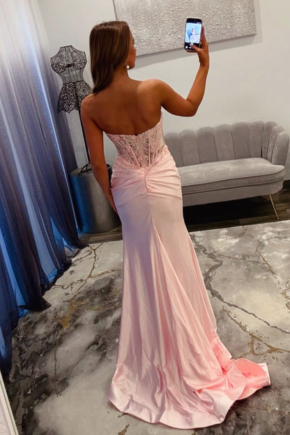 Pink Satin Slit Sweetheart Mermaid Gown