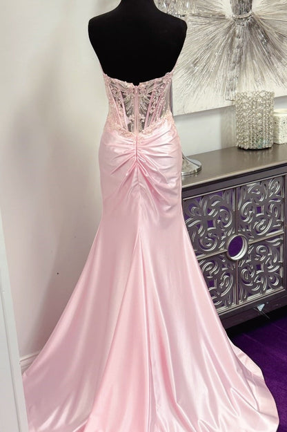 Pink Satin Slit Sweetheart Mermaid Gown