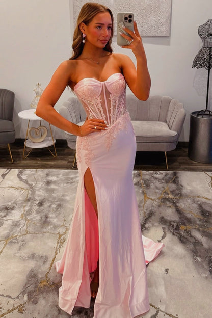 Pink Satin Slit Sweetheart Mermaid Gown