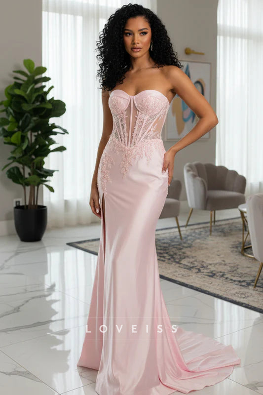 Pink Satin Slit Sweetheart Mermaid Gown