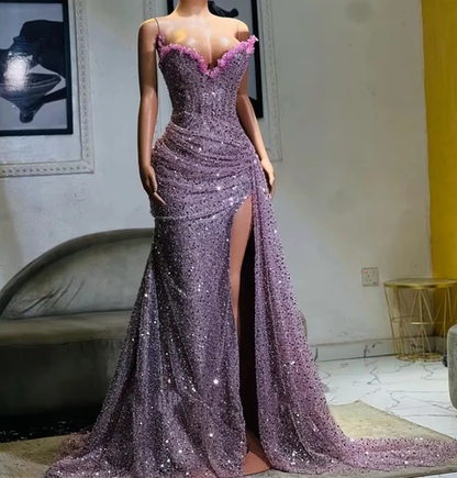 Light Purple Sweetheart Beading Sequins Black Girl Long Evening Party Gown