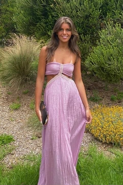 Purple Strapless Cut Out A-Line Long Party Dress