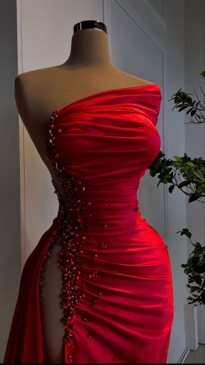 Sexy Red Beaded Satin Long Prom Dress with High Slit Evening Party Dress