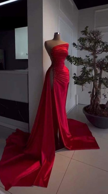 Sexy Red Beaded Satin Long Prom Dress with High Slit Evening Party Dress
