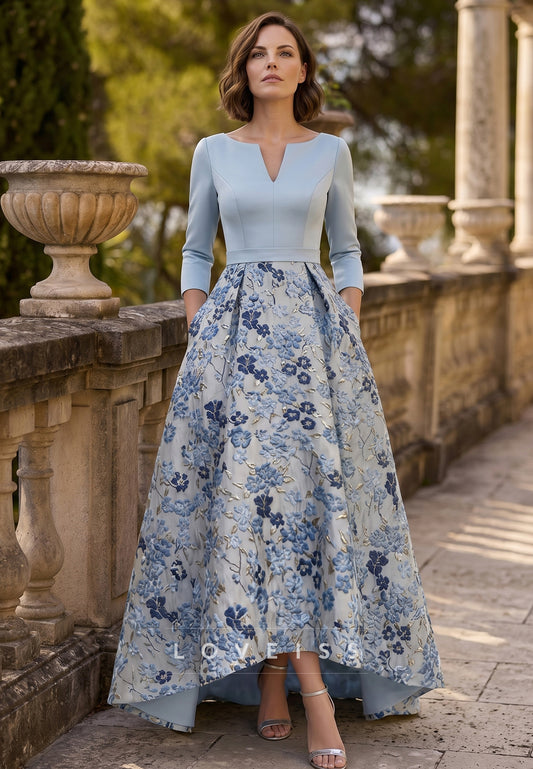 A-Line/Princess V-Neck Satin Mother of the Bride Dresses 3/4 Sleeves Floral Asymmetrical Floor-Length