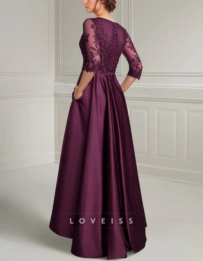 Purple A-Line Mother of the Bride V-Neck Satin Lace Applique Maxi Dress