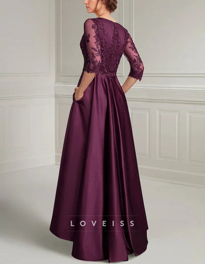 Purple A-Line Mother of the Bride V-Neck Satin Lace Applique Maxi Dress