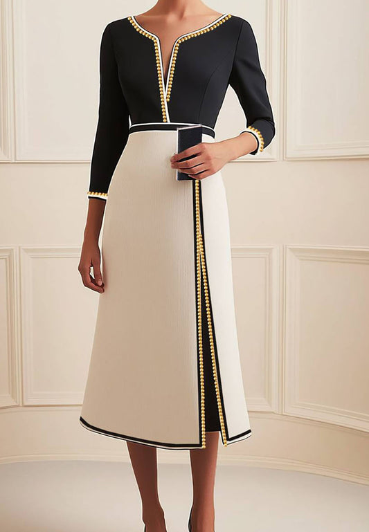 Daily V-neck Dress Pearl Black and White Colo A-Line Midi Dress