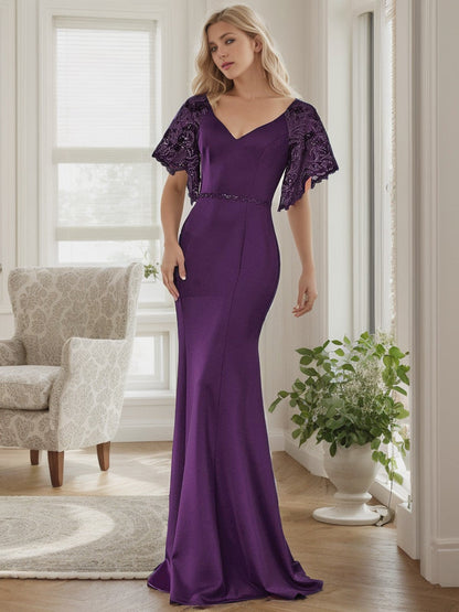 Weitese Sexy V Neck Maxi Bodycon Evening Dress with Flare Sleeves