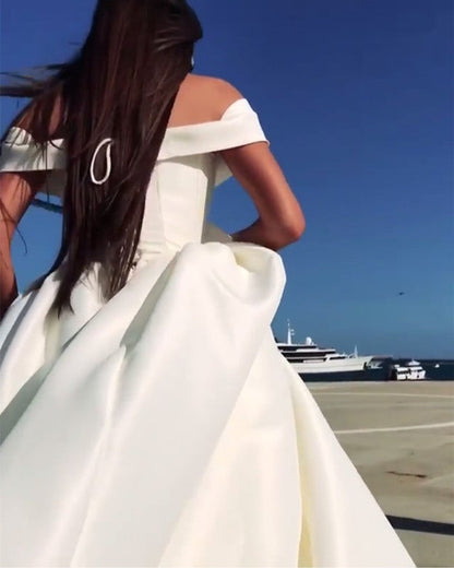 Deep V-neck Ball Gowns Satin Wedding Dresses Off The Shoulder