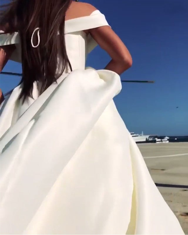 Deep V-neck Ball Gowns Satin Wedding Dresses Off The Shoulder