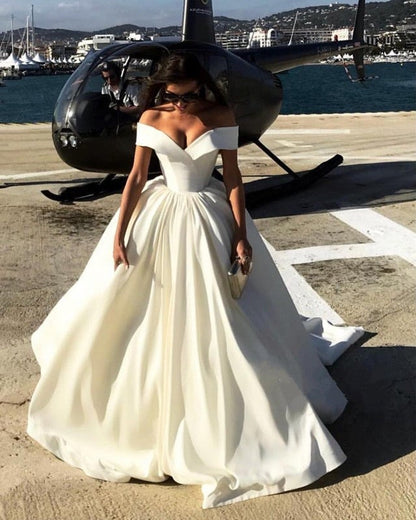 Deep V-neck Ball Gowns Satin Wedding Dresses Off The Shoulder