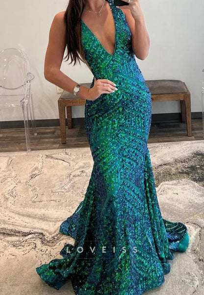 Deep V-Neck Sequins Sparkly Mermaid Prom Dress