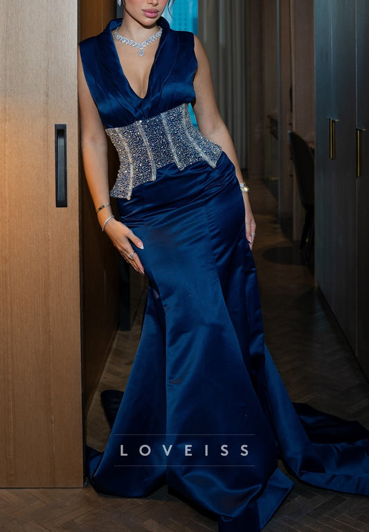 Deep V-Neck Sleeveless Sleek Mermaid Evening Dress