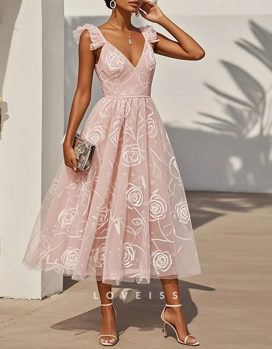 Deep V-Neck Lace Floral Appliques Waist Maxi Dress