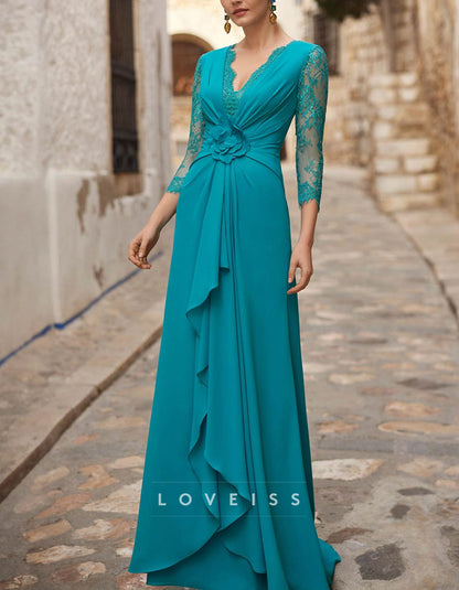 Deep V-Neck Lace Floral Embellished Waist Maxi Dress