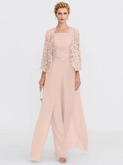 3 Piece Chiffon Square Neck Mother of the Bride Pantsuits with Jacket