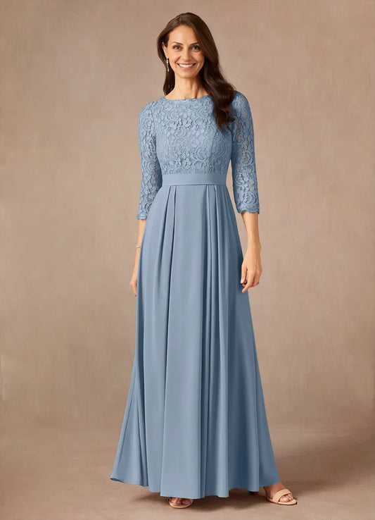 Dusty Blue A-Line Lace Floor-Length Dress Three-Quarter Sleeve Solid Color Vintage Scoop Neck Mother of the Bride Dress