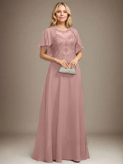 A-line Scoop Illusion Floor-Length Lace Chiffon Mother of the Bride Dress With Sequins