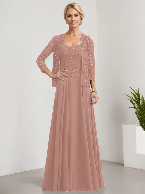 A-line Square Floor-Length Lace Chiffon Mother of the Bride Dress With Sequins