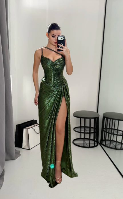 Sexy One-shoulder Green Long Prom Dress Satin Sheath Evening Dress