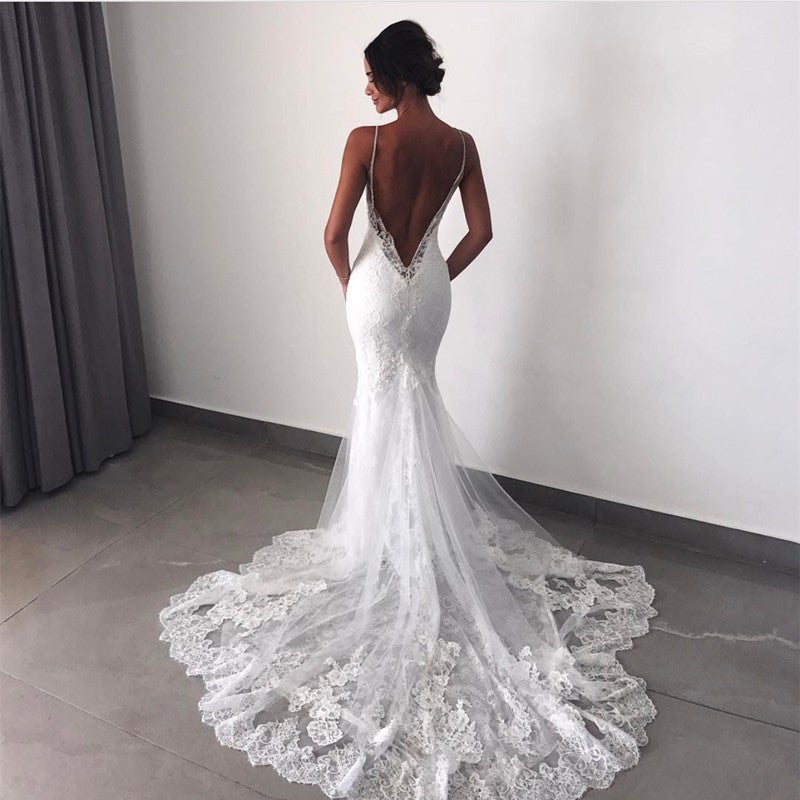 Elegant Backless Lace V-neck Mermaid Wedding Dresses