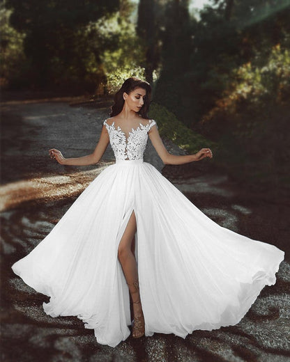 Elegant Lace Appliques Cap Sleeves Chiffon Wedding Dresses With Leg Slit