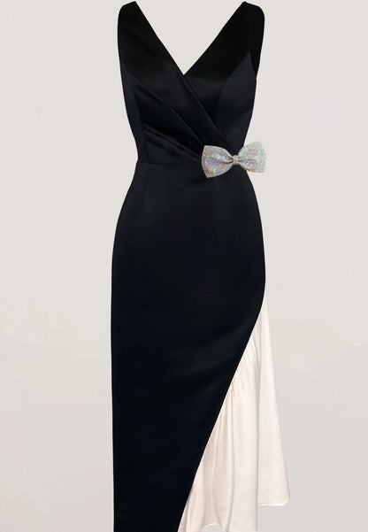 Elegant Black Satin Cocktail Dress Embellished Bow Midi Dress