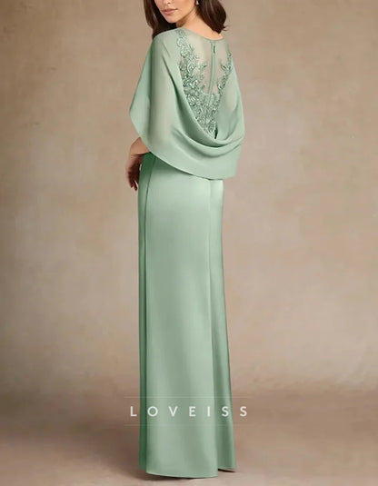 Elegant Eucalyptus Green Cape Sleeve Evening Dress with Lace Details