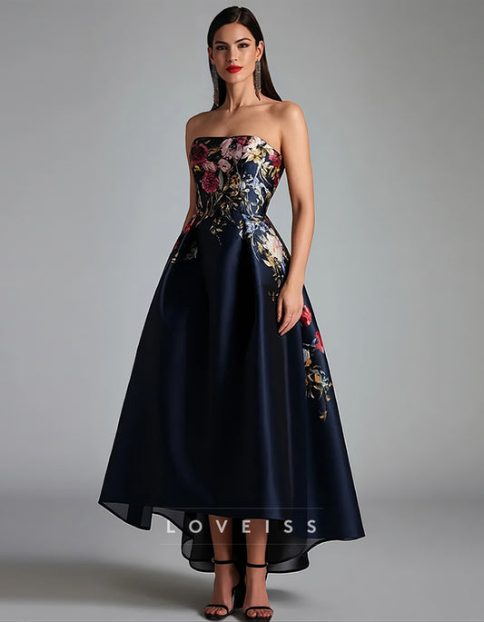 Elegant Navy Satin Gown with Strapless Floral Bodice and High-Low Hem