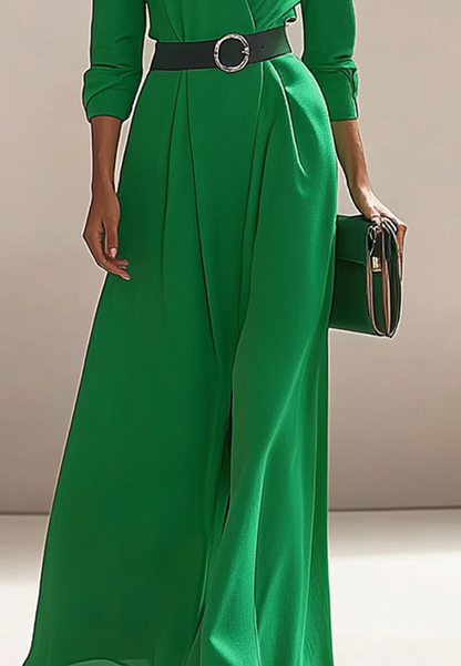 Elegant Work V-Neck Dress Long-Sleeve Green Casual A-Line Cocktail Dress