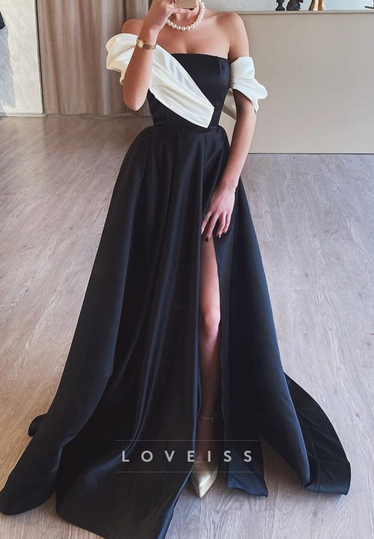 Straight Across High Slit Pleated A-Line Prom Dress