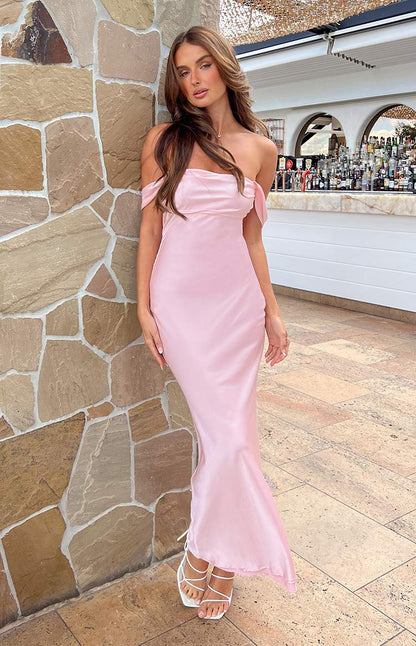 Light Pink Off Shoulder Formal Maxi Dress