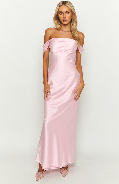 Light Pink Off Shoulder Formal Maxi Dress