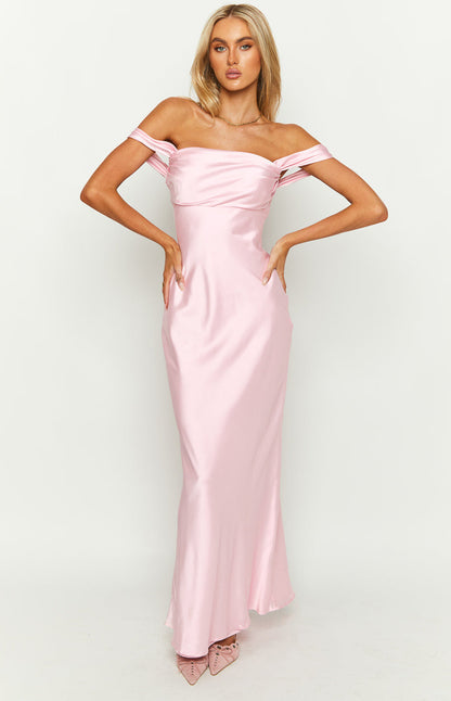 Light Pink Off Shoulder Formal Maxi Dress