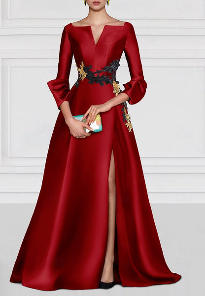 Embroidered A-Line Evening Gown Elegant Dress Formal Floor Length 3_4 Length Sleeve
