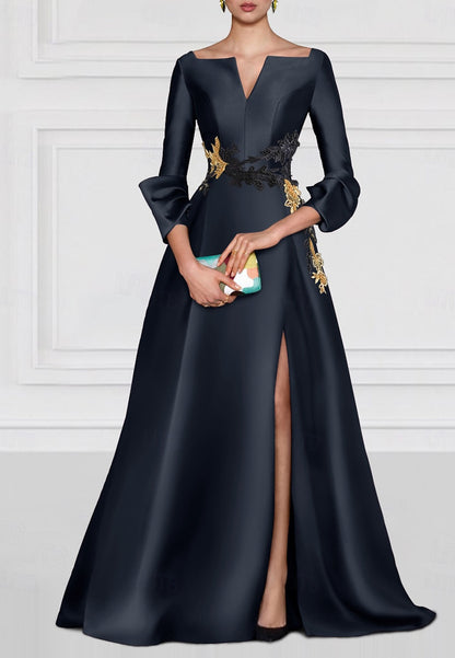Embroidered A-Line Evening Gown Elegant Dress Formal Floor Length 3_4 Length Sleeve