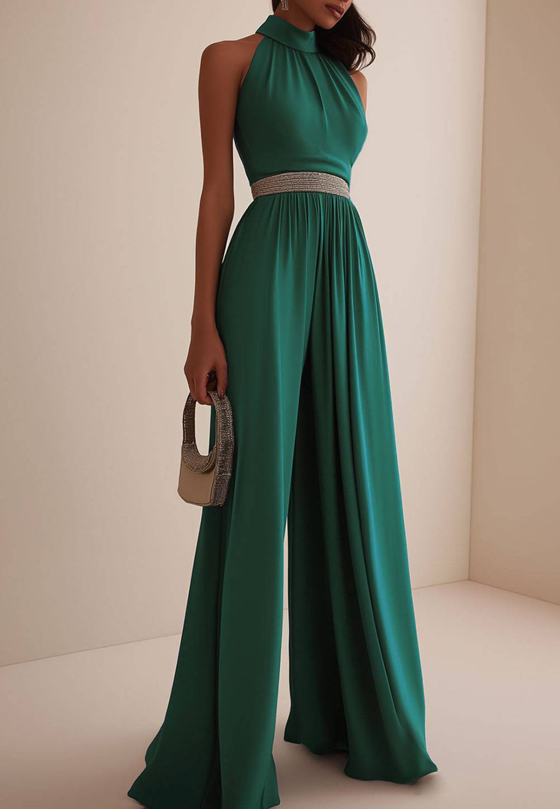 Emerald Green Party Work High-Neck Sleeveless Jumpsuit