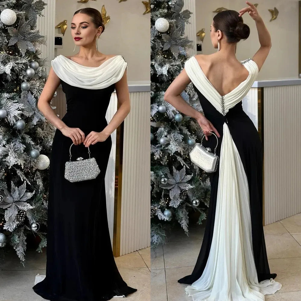 Elegant Black and White Evening Dresses O-Neck Sleeveless V Back Cocktail Party Gowns Floor-Length Off the Shoulder Evening Dresses