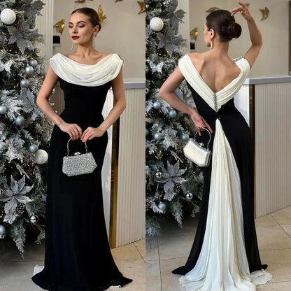Elegant Black and White Evening Dresses O-Neck Sleeveless V Back Cocktail Party Gowns Floor-Length Off the Shoulder Evening Dresses