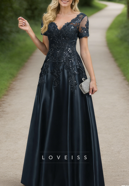Exquisite Semi Sheer Illusion Floral Embroidered V-Neck Mother Of The Bride Dresses