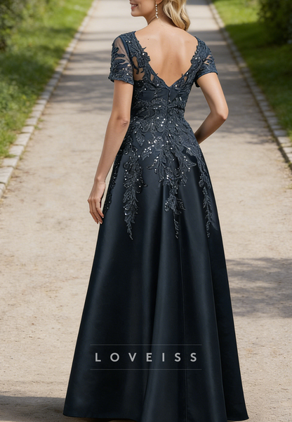 Exquisite Semi Sheer Illusion Floral Embroidered V-Neck Mother Of The Bride Dresses