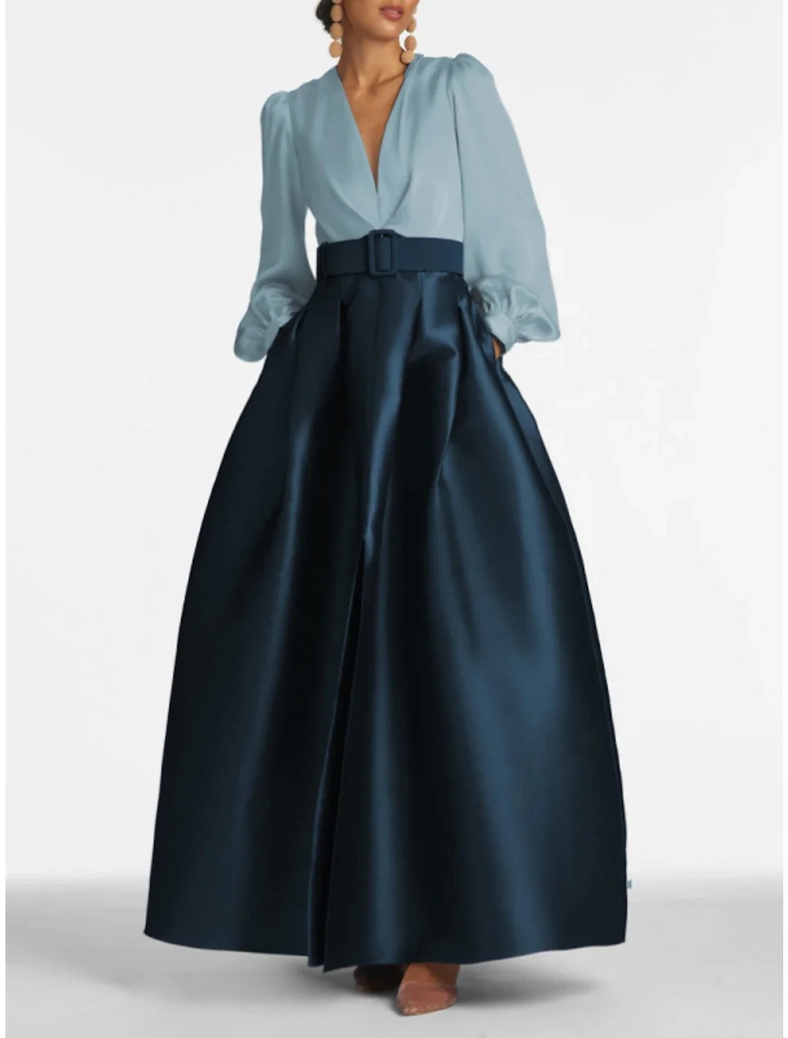 Weitese A-Line Evening Gown High Split Wedding Guest Dress Formal Fall Floor Length Long Sleeve V Neck Belt / Sash Satin with Pleats Slit
