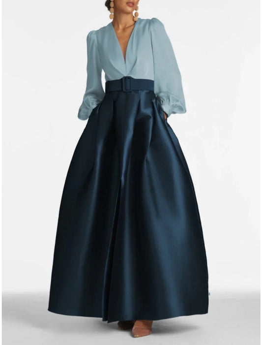 Weitese A-Line Evening Gown High Split Wedding Guest Dress Formal Fall Floor Length Long Sleeve V Neck Belt / Sash Satin with Pleats Slit