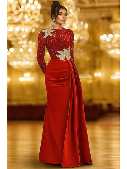 Long Sleeve Crew Neck Champagne Mother Of the Bride Dress Satin with Glitter