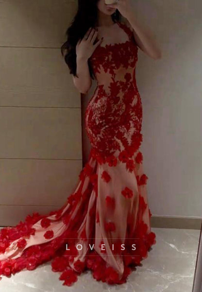 Square Straps Floral Appliques Straps Mermaid Prom Dreess